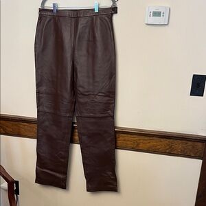 Brown Leather Straight-Leg Pants